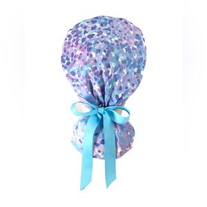 Nursing Scrub Cap with Ribbon Ponytail - Blue Pink Purple Spots